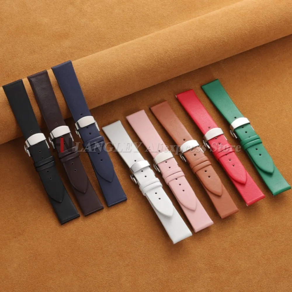 12/14/16/18/19/20/21/22mm Calfskin Watch Band Ultra-thin Genuine Leather Strap Butterfly Buckle for Men Women Watch Accessories