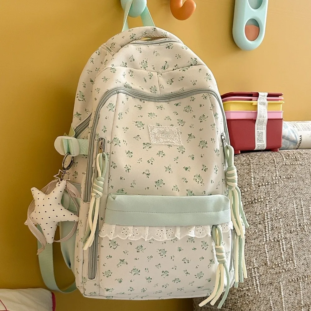 Lace Decor Floral Print Backpack Large Capacity Ultra Lightweight Bookbag Star Pendant Fresh Aesthetic Daypack Back To School