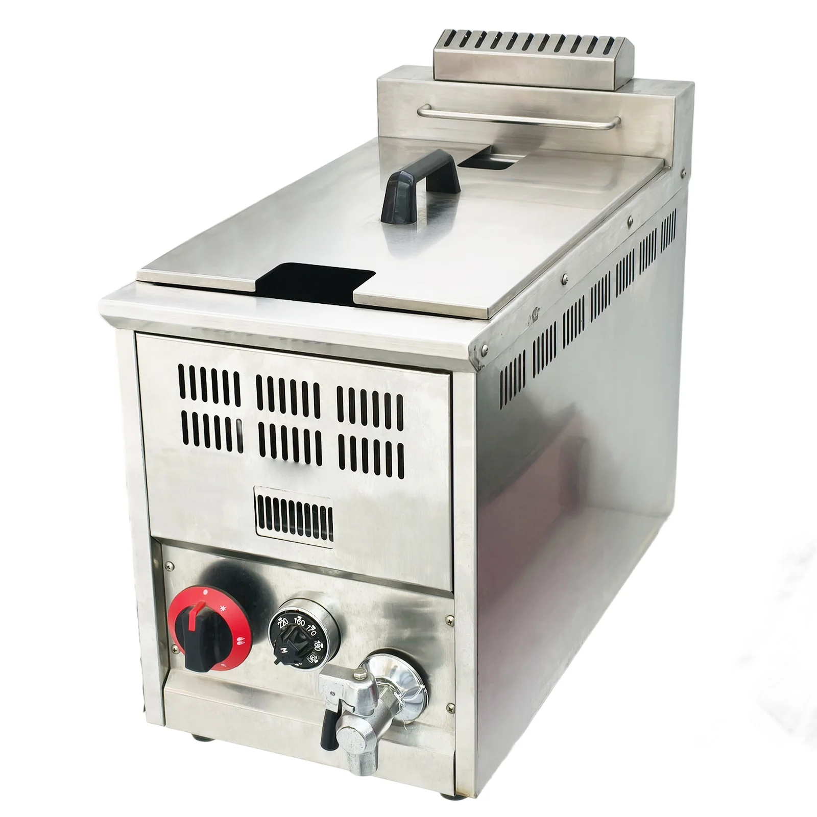 14L Commercial Single Tank Stainless Steel Gas Fryer High Efficiency Vertical Deep Fryer for Chips Potato Countertop New Design