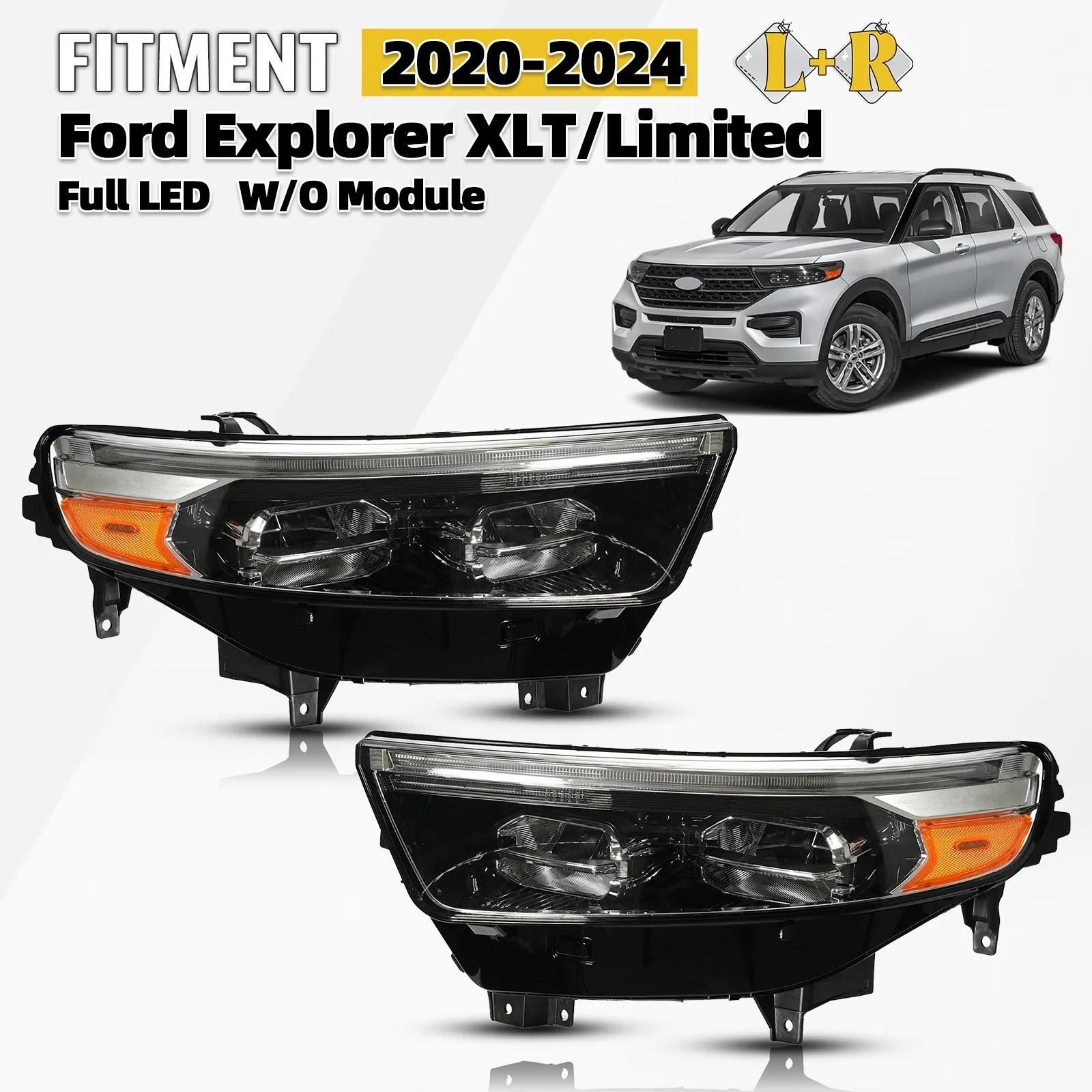 

Полностью светодиодные фары для Ford Explorer 2020-2024 без модуля, с хромированными элементами и дневными ходовыми огнями (пара)