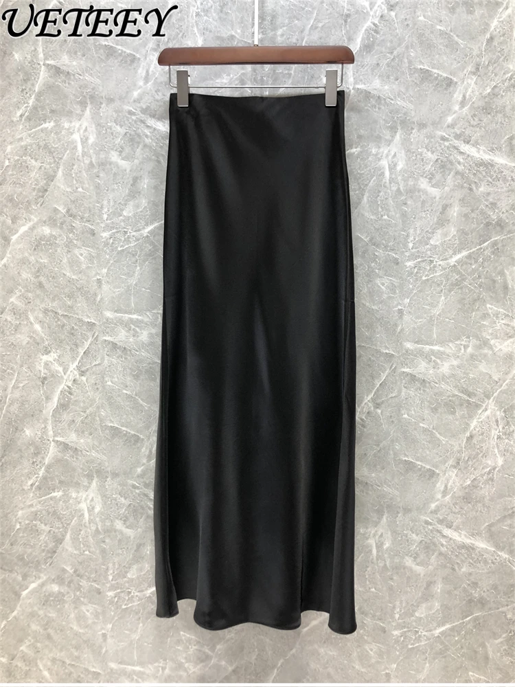 Mode Hohe Taille Satin Split Langen Rock frauen Frühling Sommer Temperament Helle Einfarbig A-line Maxi Röcke Faldas
