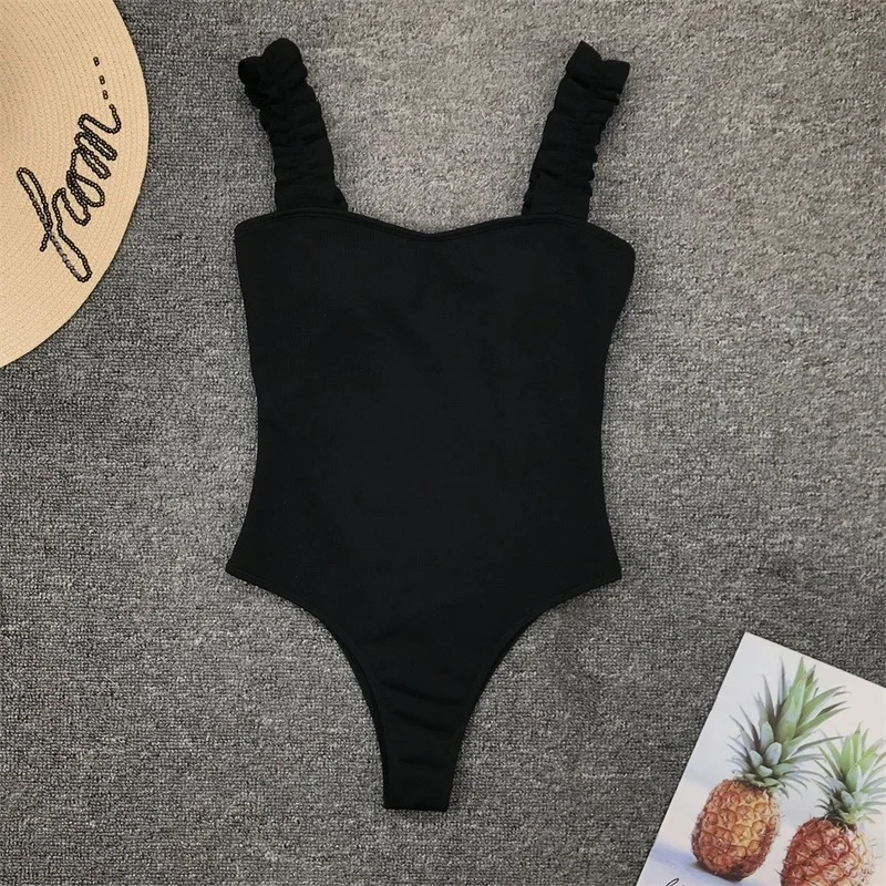 2023 Vintage Swimsuit Women One Piece Ruffle Strap Swimwear Female Push Up Monokini Padded Beach Bathing Suits Black Bodysuits