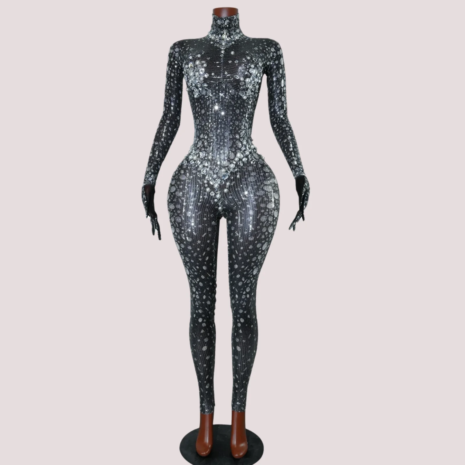 

Female Stage Large Pearl Sequins Stretchable Jumpsuit Evening Dress Birthday Celebration Outfit Sexy Tight-fitting gogo Dancer