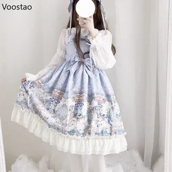 Sweet Lolita Jsk Dress Women Harajuku Kawaii Cartoon Print Lace Ruffle Bow Sleeveless Party Dresses Girly Princess Mini Vestidos