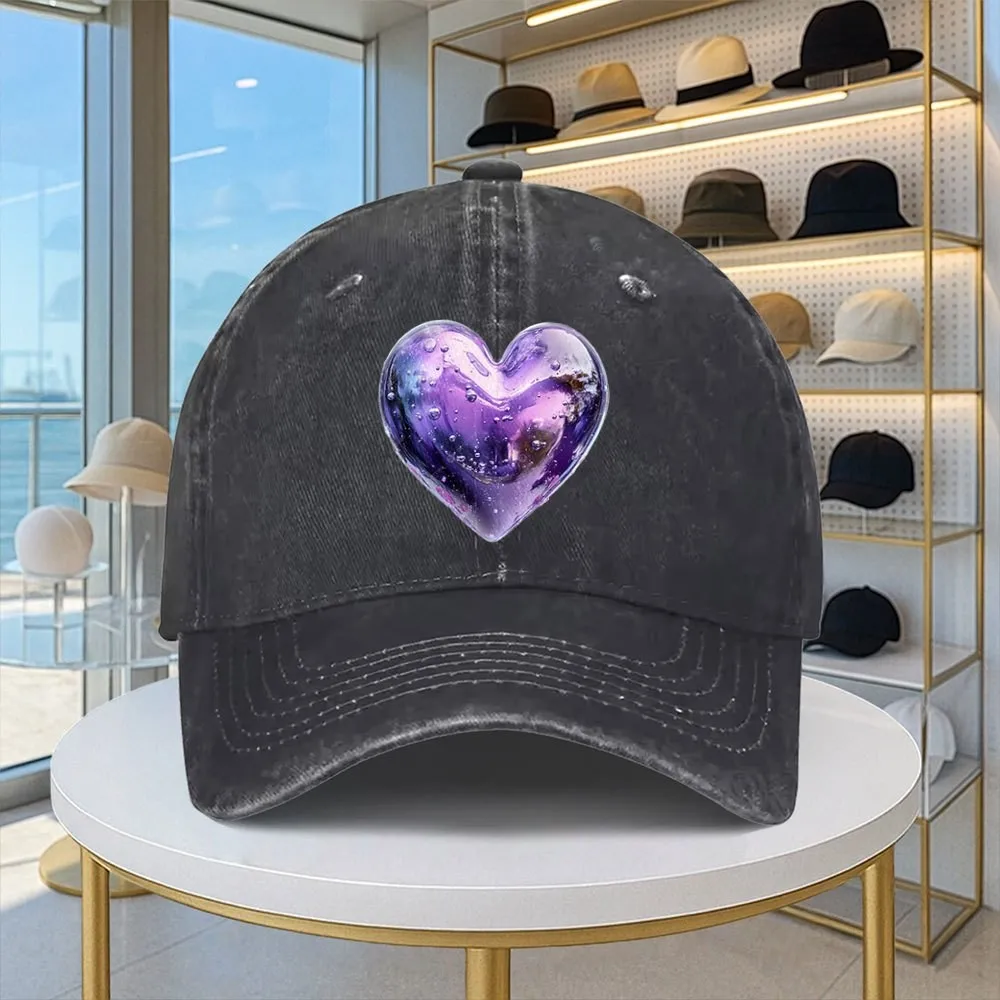 Purple Bubble Heart Baseball Cap Washed Denim Casual Snapback Hat Outdoor Sports Sun Cap