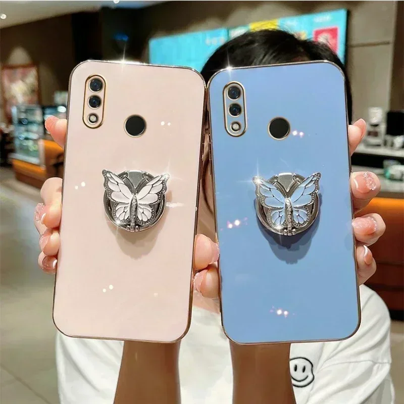 3D Butterfly Ring Phone Holder Plating Case for Huawei Y9 Prime Y7 Y6 2019 Y6P Y7a Silicone Cover