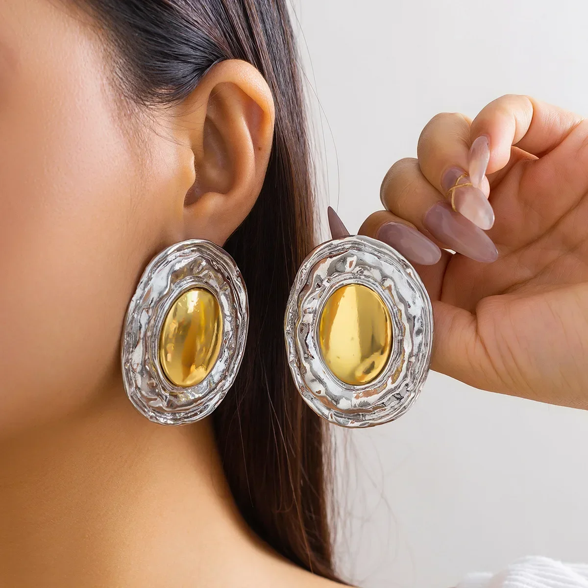 Personality Hip Hop Style Chunky Oval Large Stainless Steel Dangle Earrings Rock Golden Silver Color Metal Glossy Hammered Hoops