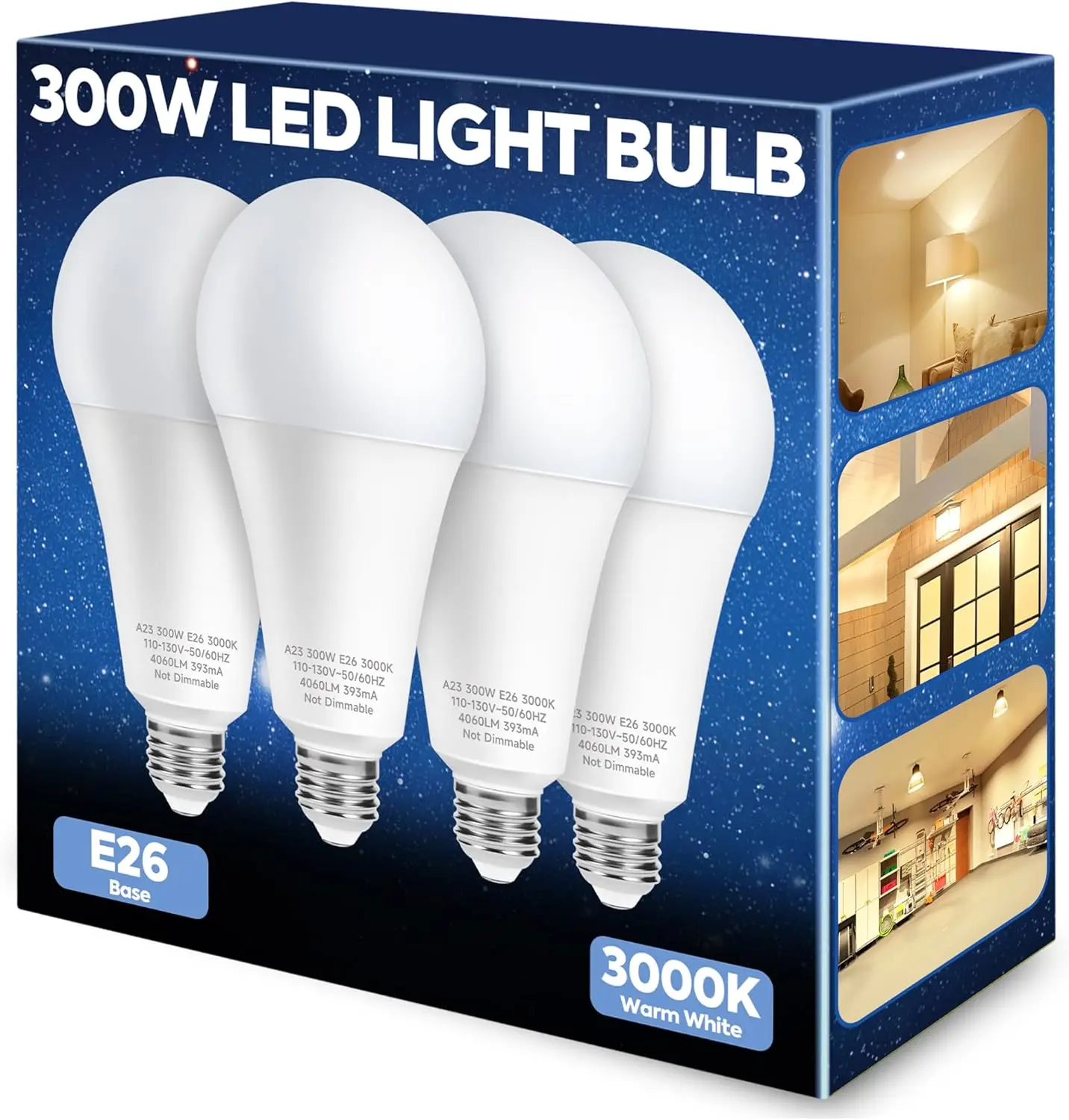 Bombilla LED A23 Equivalente a 300W, 4060LM Súper Brillante Blanco Cálido 3000K, Ahorro de Energía, Base E26 para Garaje, Almacén, Tienda