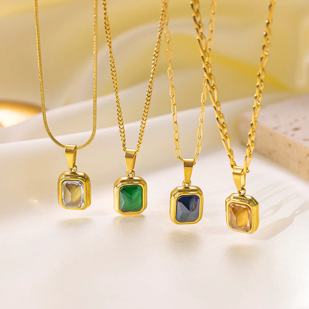 Stainless Steel Square Crystal Zircon Pendant Necklace For Women High Quality Ladies Snake Chain Wedding Party Jewelry Gift New