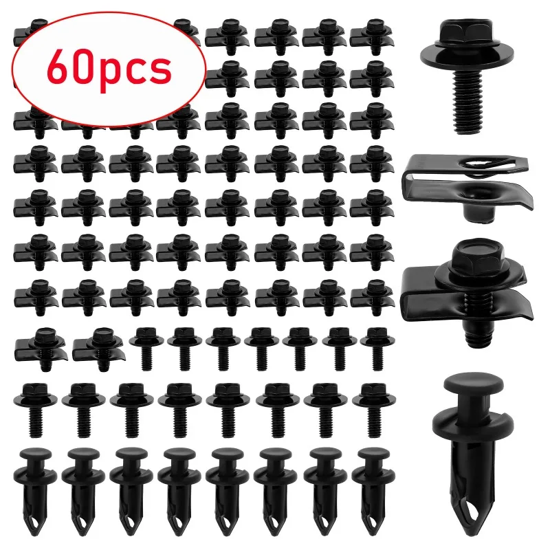 

60pcs Body Fasteners Car Screws and Bolts Car Clips Plastic Rivet Fasteners Universal U-Nuts for Fender Engine Cover/Splash Shie