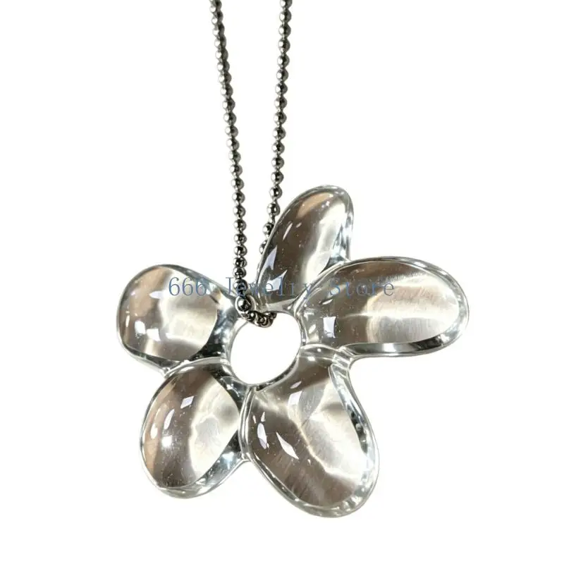 F2TD Glass-Look Flower Pendant Necklace with Open-Center Five-Petal Design and Smooth Bead Chain for Commuting Looks