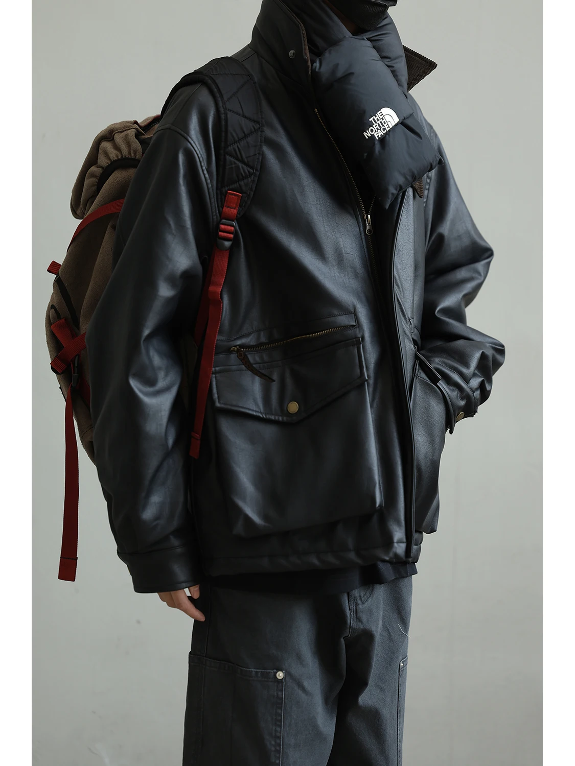 

LH Store Japanese Sle Retro Matte PU Leather Cotton Jaet Men's Winter Trendy Workwear Warm Cotton-filled Stand Collar Coat