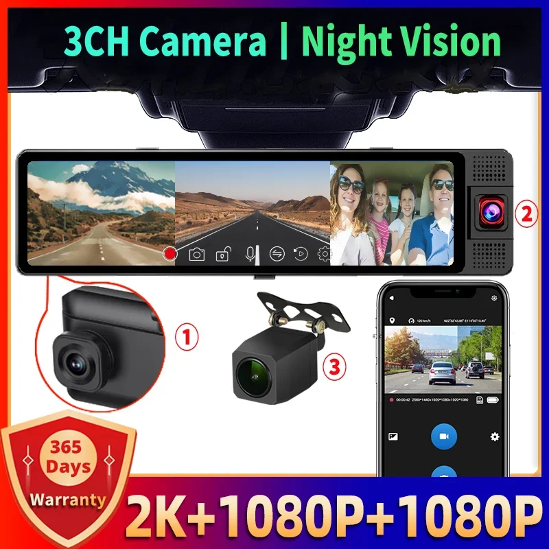 Bluavido 3 Channel GPS Dash Cam Front Inside Rear 4K+1080P Recording IR Night Vision WiFi APP Control Time Lapse Parking Monitor
