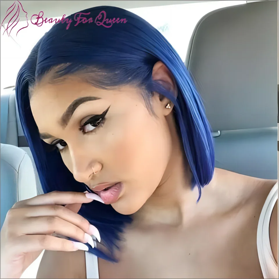 

180% Density Short Bob Wig Dark Blue Colored Lace Front Wigs Human Hair Transparent 13x6 Lace Frontal Wig Glueless Wig For Women