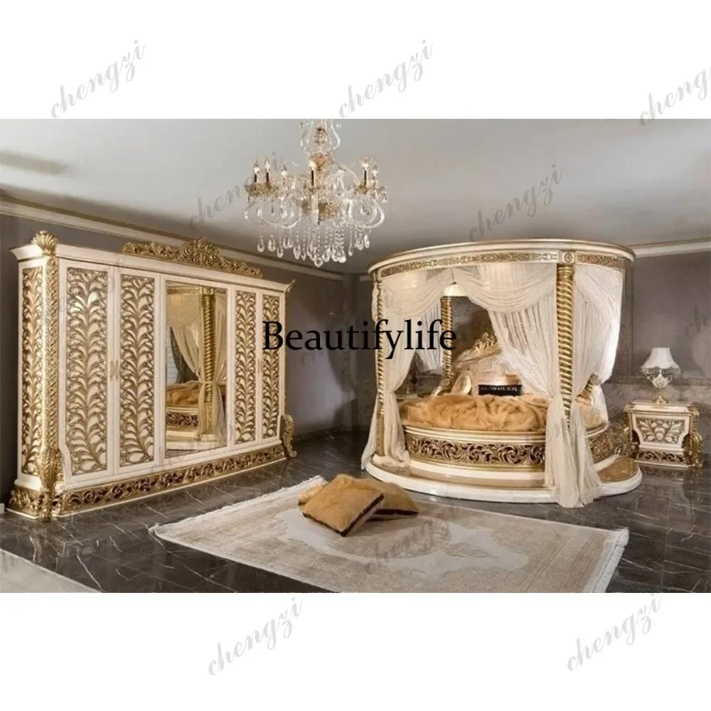 M9344 European Luxury Round Bed Castle Wood Bedroom Wedding Double Bed Comfortable Adult High Quality Letto Matrimoniale