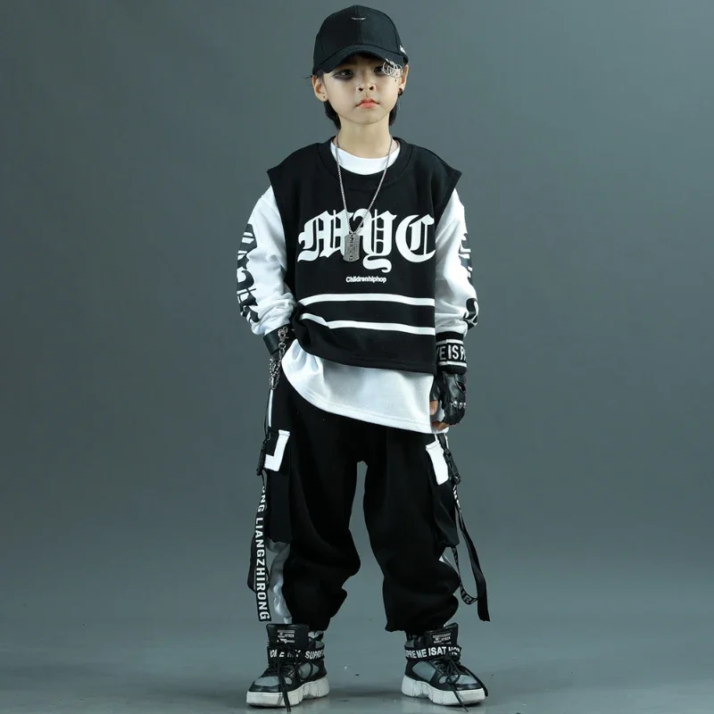 Boys Hip Hop Vest Casual Pants Outfits Children Sweatshirt Joggers Street Dance Sets Kids Waistcoat Streetwear Costumes 12 14 Y