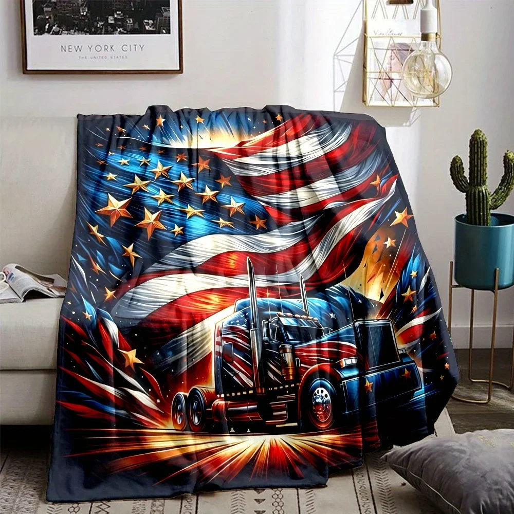 American Flag Truck Show Patriotic Throw Blanket Cozy Bedspread for Man Gift Idea