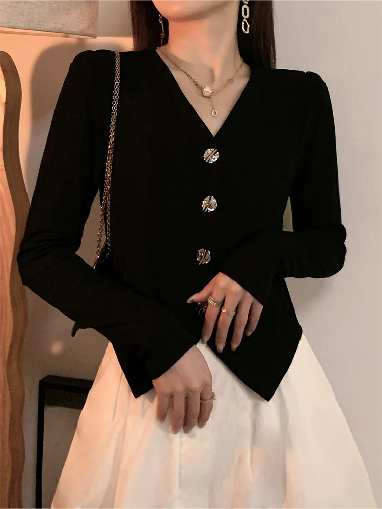 

Retro Long Sve V-Ne Bubble Sve Base irt Women's Slim Fit Vintage Sle T-irt Pure Color Spring Faion Design