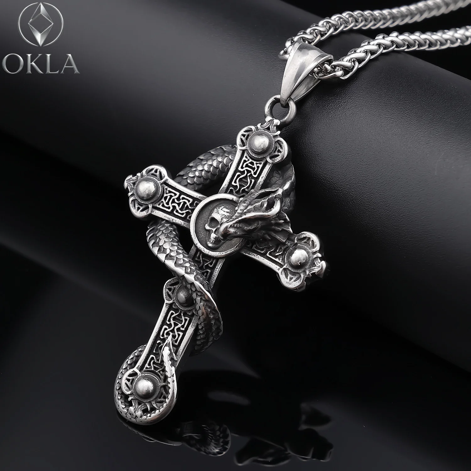 

Retro 925 silver trendy hip-hop dark vintage skull cross pendant necklace for men
