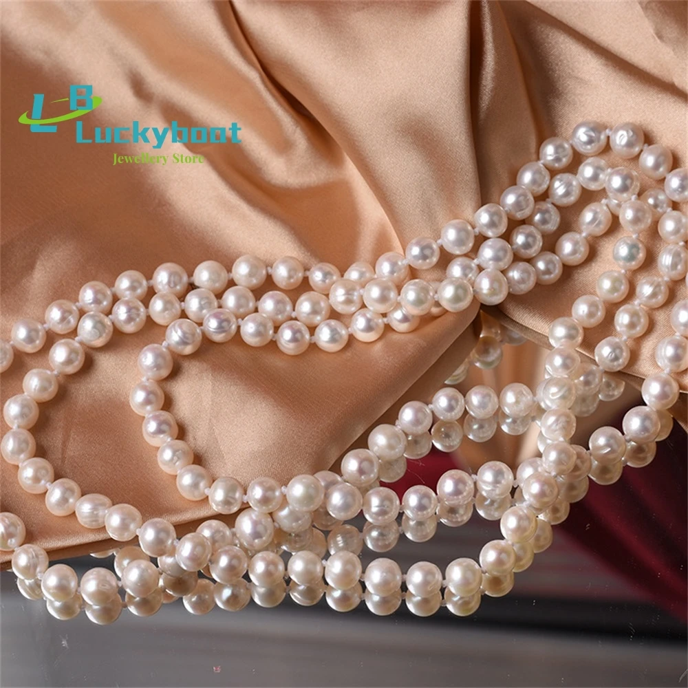 Natural Freshwater Real Pearl Sweater Chain Necklace Long Multi-layer 8mm Near-circle Thread Glare Jewelry