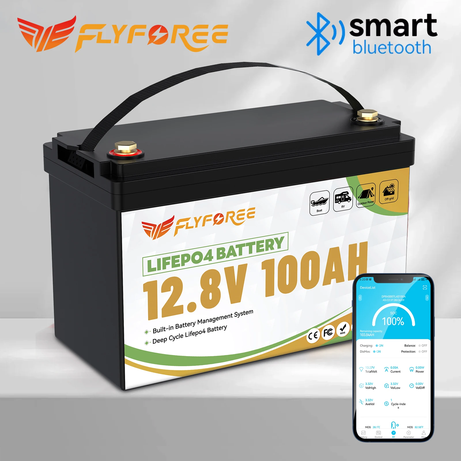 Fish Finder Battery 12V - Batería FLLYROWER 12V 100Ah Lifepo4 con