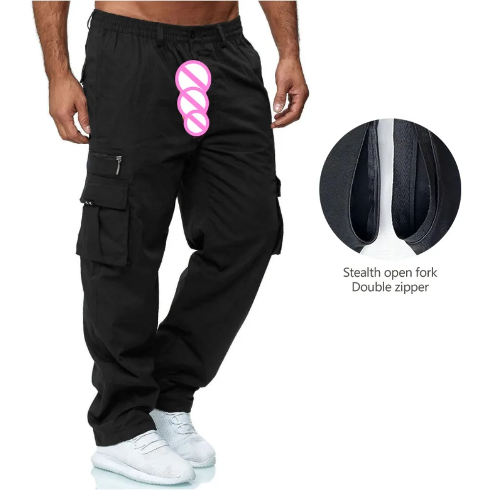 Invisible Open Crotch Outdoor Sex Tactical Jogger Men's Casual Pants Cargo Multi-pocket Loose Long Trousers High Street Trend