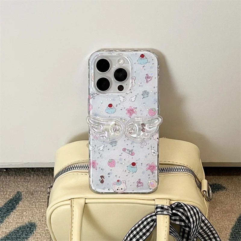 لطيف Bowknot الجانب الإطار جراب هاتف آيفون 16 برو 15 14 13 برو ماكس غطاء واضح بريق أجنحة للصدمات حالات ل 16 ProMax