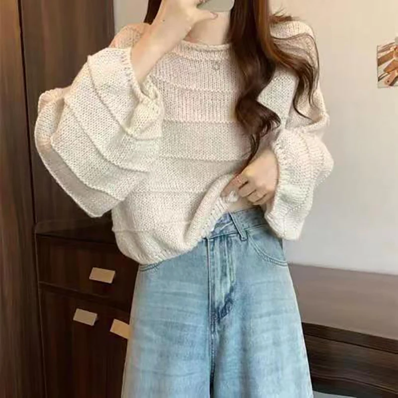 Fall Solid Color Long Sleeve Women O Neck Sweater Korean Fashion Loose Simple Sweet All-match Oversized Knitted Crop Top Dating