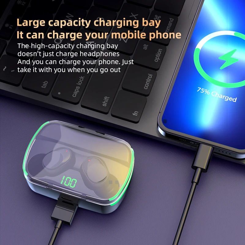 M60 TWS Outdoor Sports Wireless Bluetooth 5.3 Earphone Noise Reduction Touch Control Hifi Music Headphone Power Display With Mic image 3