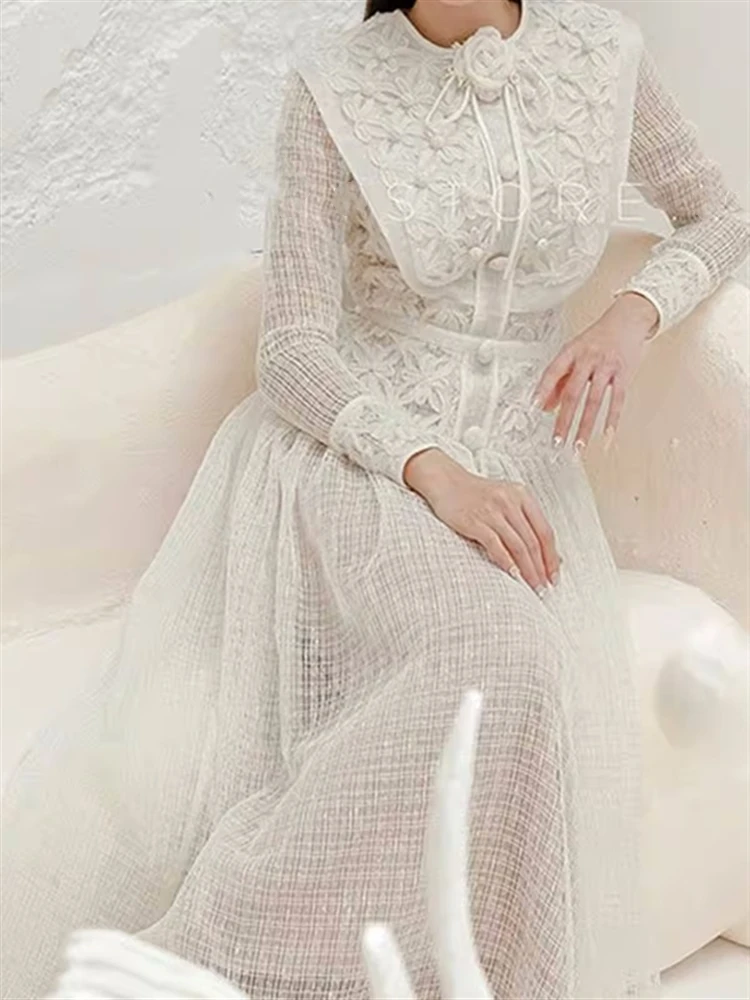 Vintage Lace Woman High Waist Autumn Elegant 2023 Dress Luxury Embroidery Party Runway Long Sleeve Boho Spring Dresses Women