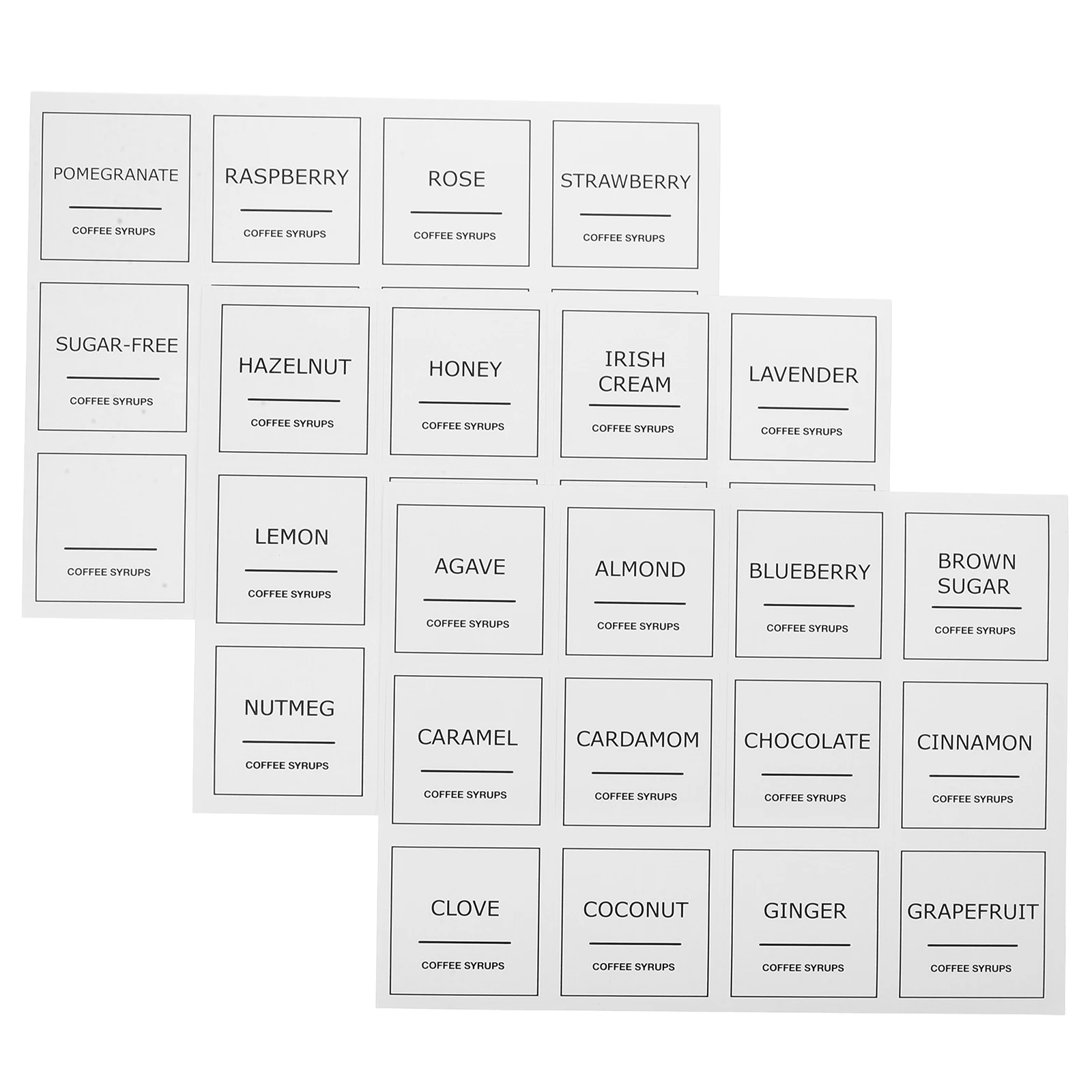 

36 Coffee Labels Waterproof Reusable PVC Kitchen Stickers for Syrup Bottles Jars Containers Storage Organization Tags