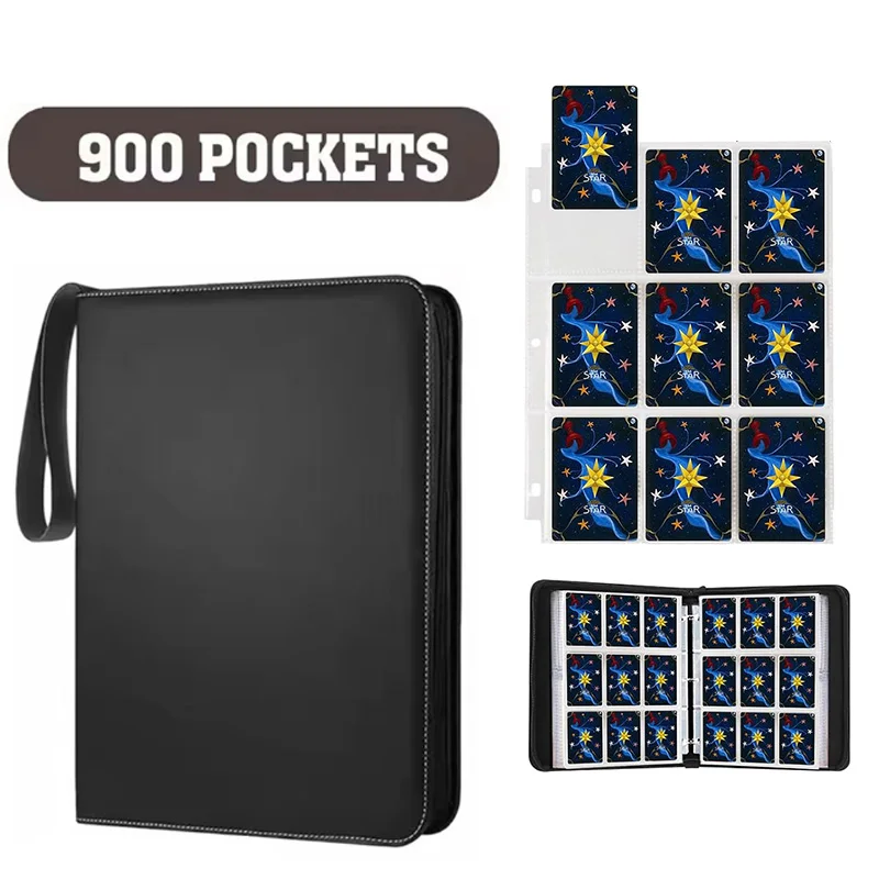 9 Pocket 900-Cards Binder Album PU Folder 3-Ring 50 Sheets Double Sided Zip Trading Card Holder For TCG MTG Sports Game Pokmo