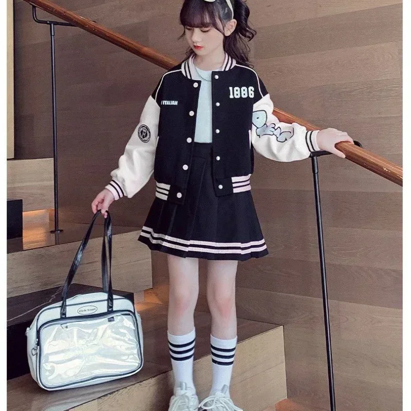 Autumn Children Girl Clothes Baseball Jacket Uniform Coat and Pleated Skirt 2pcs Letter Suit Teenage Contrast Striped Sets