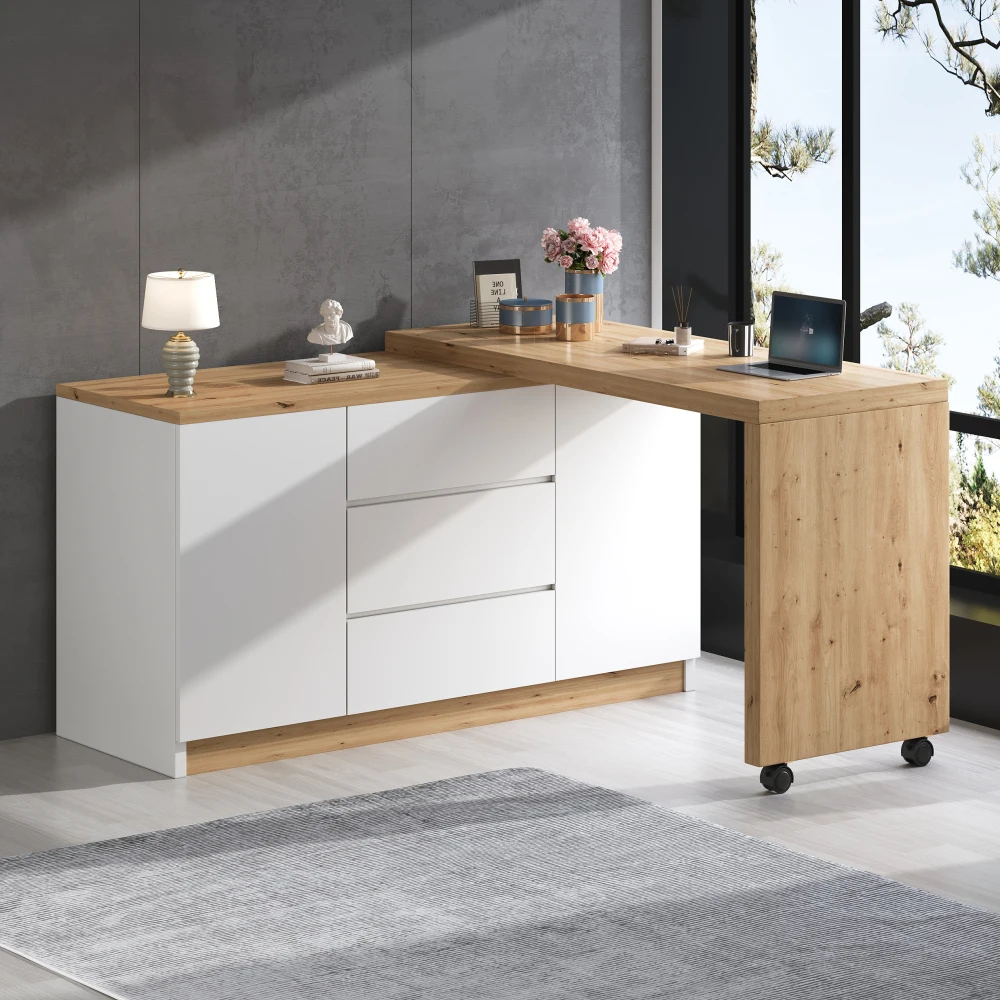 Scrivania moderna con rulli fissi – Design multifunzionale, 4 cm di spessore, piano girevole, scrivania pieghevole, scrivania angolare, credenza