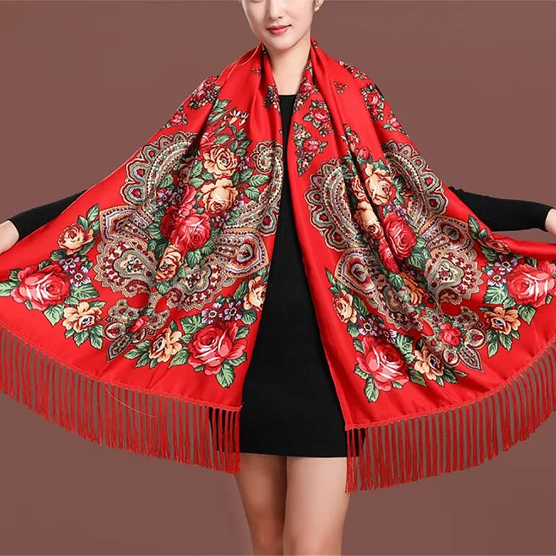 New 70*170cmWomen Luxury Floral Printed Russian Scarf Ukrainian Fringed Scarves Babushka Handkerchief Head Wraps Travel Shawl