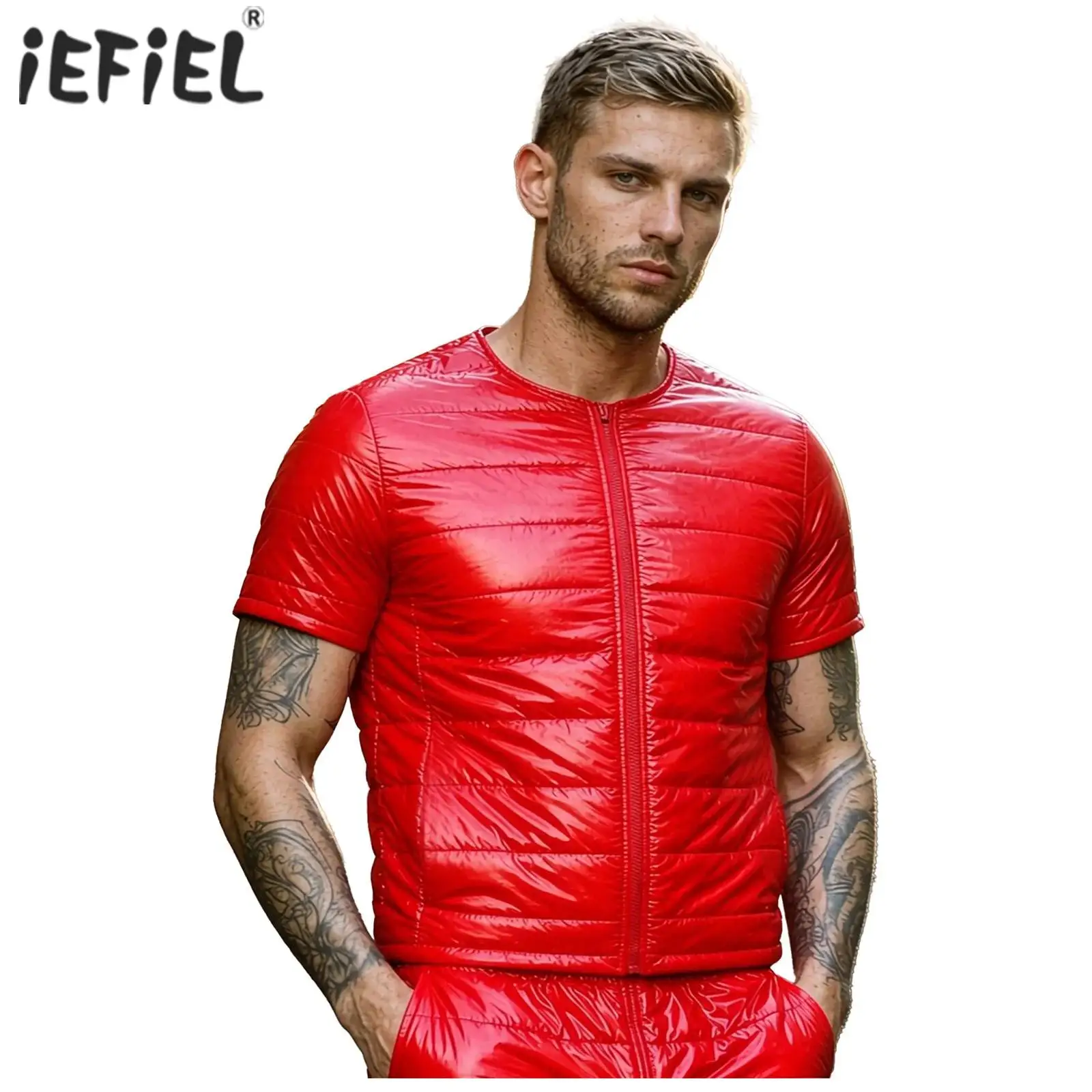 Mens Water-resistant Quilted Puffer Jacket Tops Shiny Glossy Short Sleeve Zipper Round Neck Front Coat Outerwear Padded Coat
