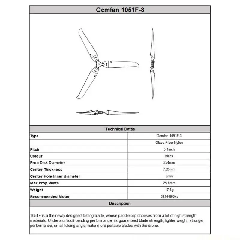 

E56B 1 пара нейлоновых пропеллеров из стекловолокна для БПЛА Gemfan 1051F 2 с размером 5,1 дюйма