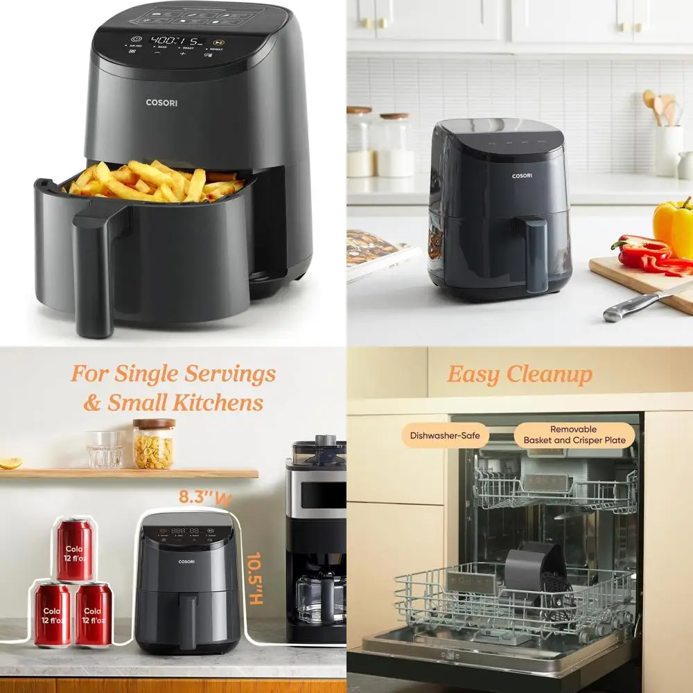 

Компактная аэрофритюрница 4-в-1, объем 2,1 л, идеально подходит для закусок и быстрых обедов, снижает содержание масла на 97%, включает 30 рецептов, с антипригарным покрытием.