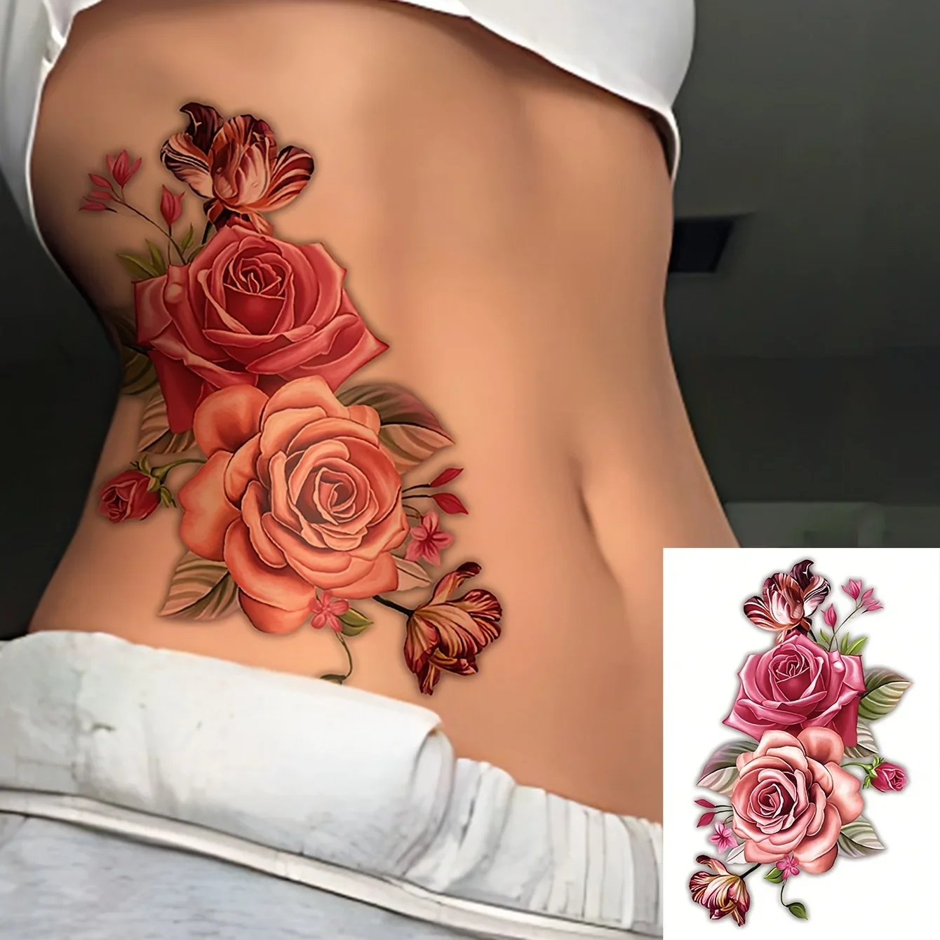 1 Sheets Big Size Body Art Temporary Tattoo Stickers For Women Girls, Realistic Rose Flower Romantic Pattern