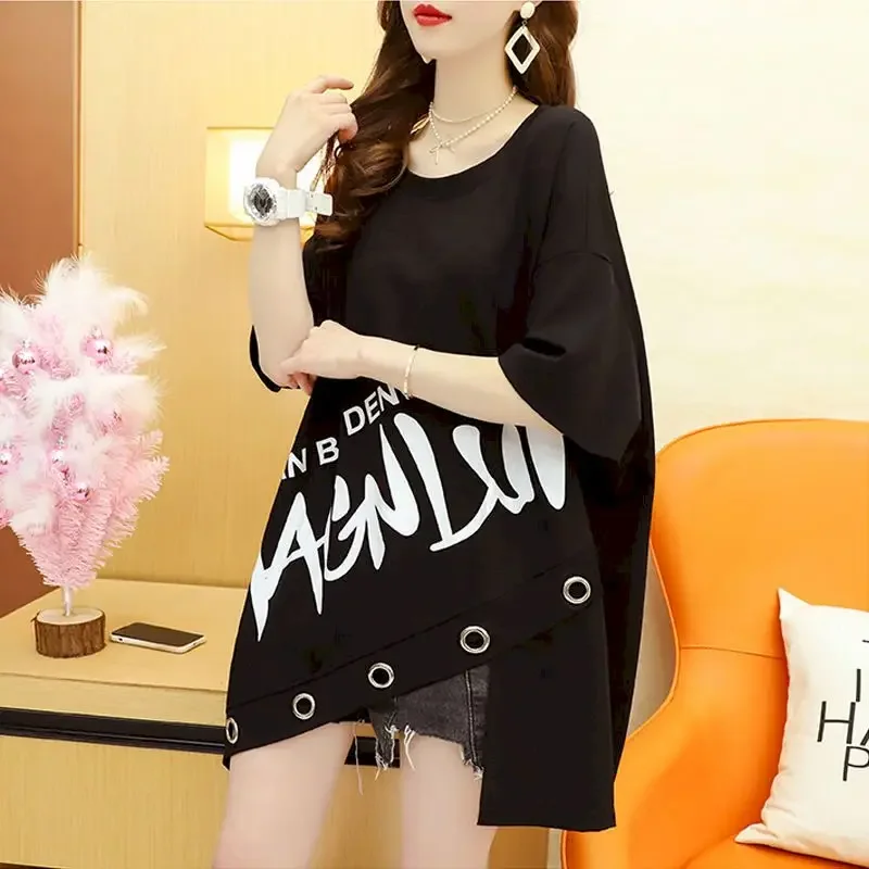 

Womens T Shirt Irregular Short Sleeve T-shirt Summer Trend Loose Mid-length Top Fashion Design Oversized Thin Half Sleeve Tshirt