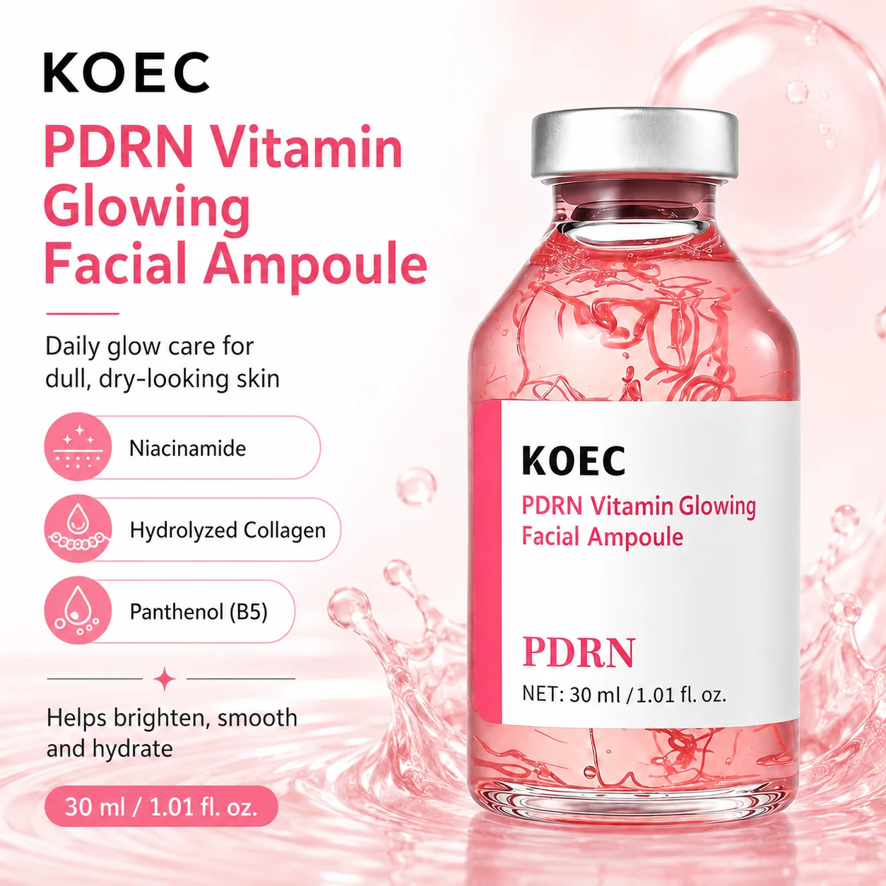 KOEC PDRN Vitamin Glowing Facial Ampoule with Collagen & Niacinamide Face Serum with Pink Collagen | Hydrating Glow Boost & Skin Smoothing Care, 1.01 fl.oz