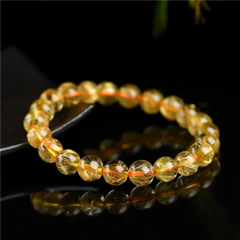 7-14mm Natural Gold Rutilated Quartz Bracelets Stone Beads Unisex Bracelet Women Crystal Stone  Jewelry Men Bangles Decoration