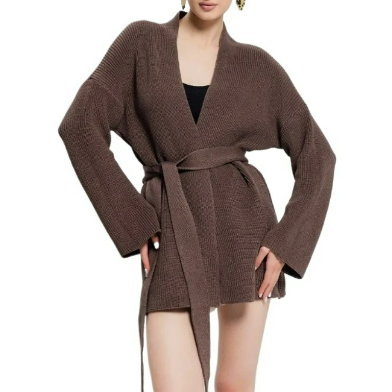 

2026 женский вязаный кардиган средней длины, осень-зима, новая серия с поясом, тонкий простой стильный однотонный свитер, верхняя одежда