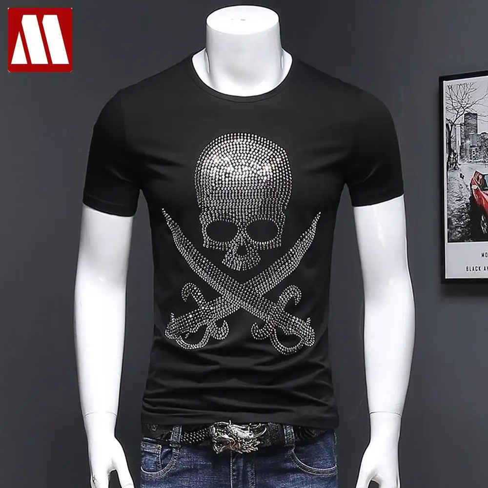 Men's Fitness T-shirt Top Male Camiseta Mujer Man Casual Basic T Shirts Print Style Hot Fix Rhinestone Punk Skull Hip Hop Black