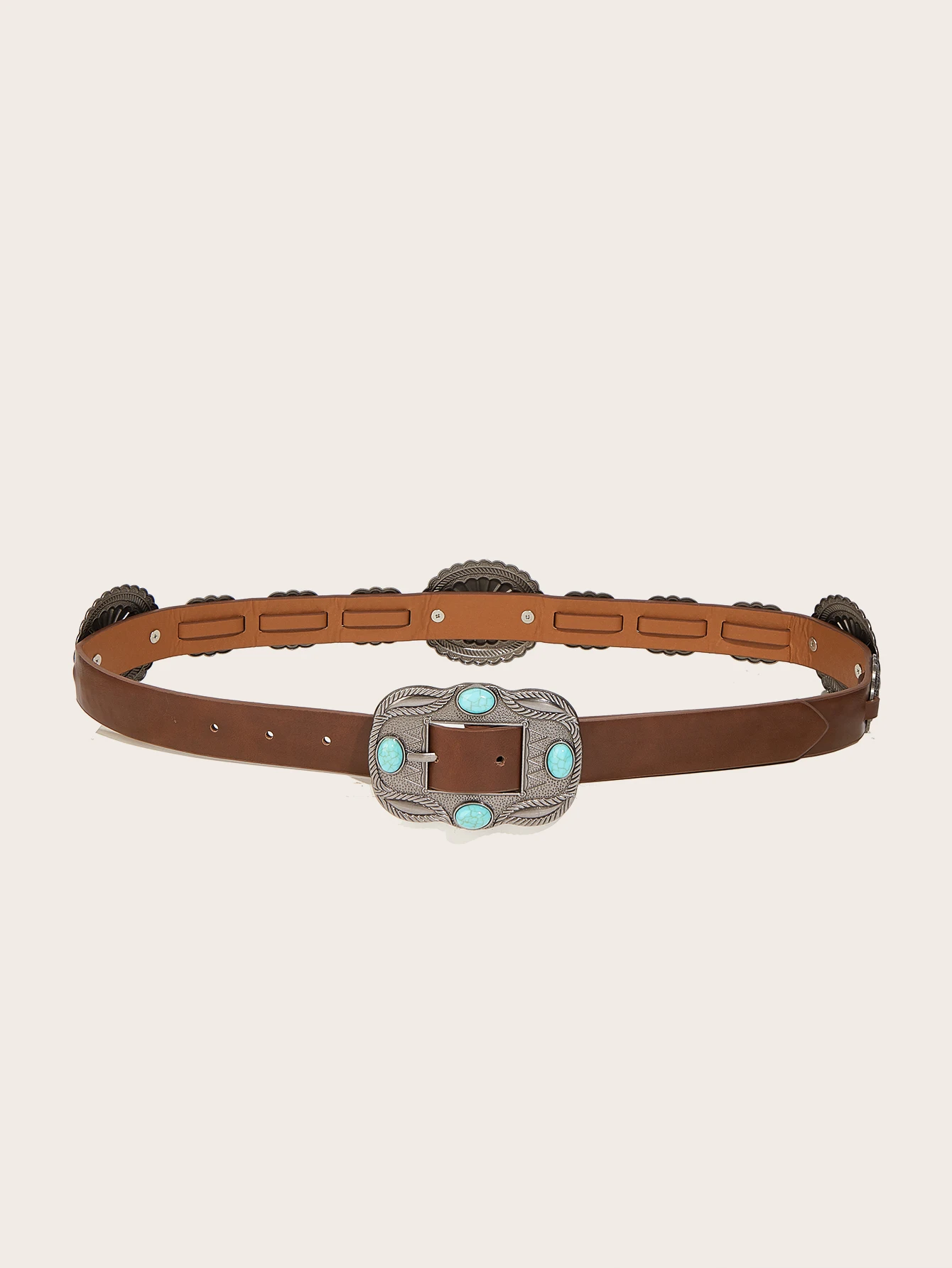 1pc Women Brown Western Belt PU Leather Cowgirl Waist Belt With Turquoise Concho Buckle For Jeans Dress