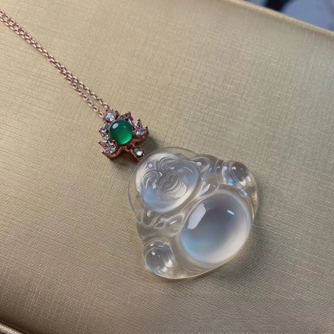 

Подвеска из розового золота с инкрустацией серебром высокого ледяного белого халцедона Будда Гун Майтрейя Будда агат нефритовый кулон подарок