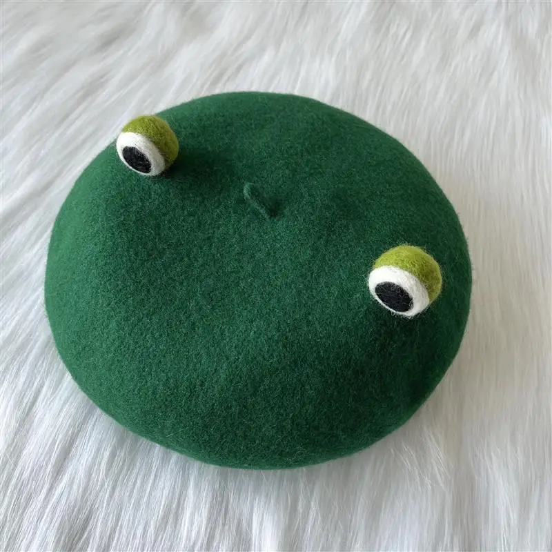 New Cute Frog Big Eye Wool Beret Girls Women Painter Hat Fresh Novelty Gift Green Handmade French Berets