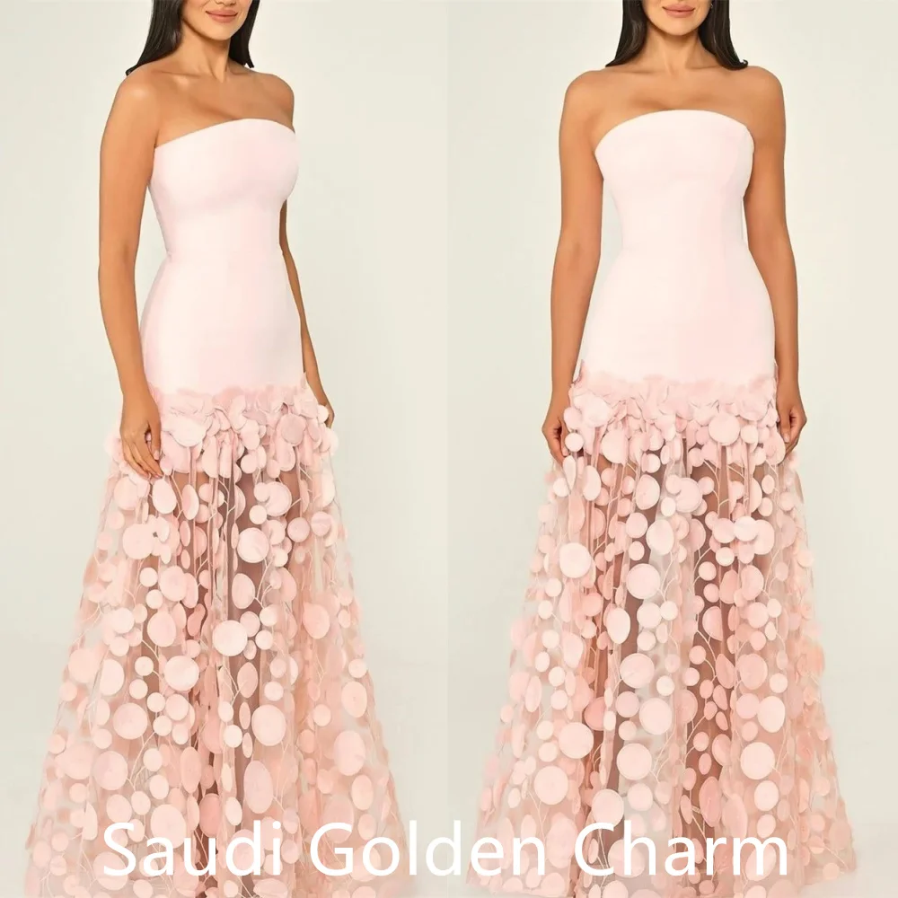 Customized  See Through Pink Jersey Evening Dress Exquisite Strapless Appliques Contrast Color Zipper Back Customized Vestido De