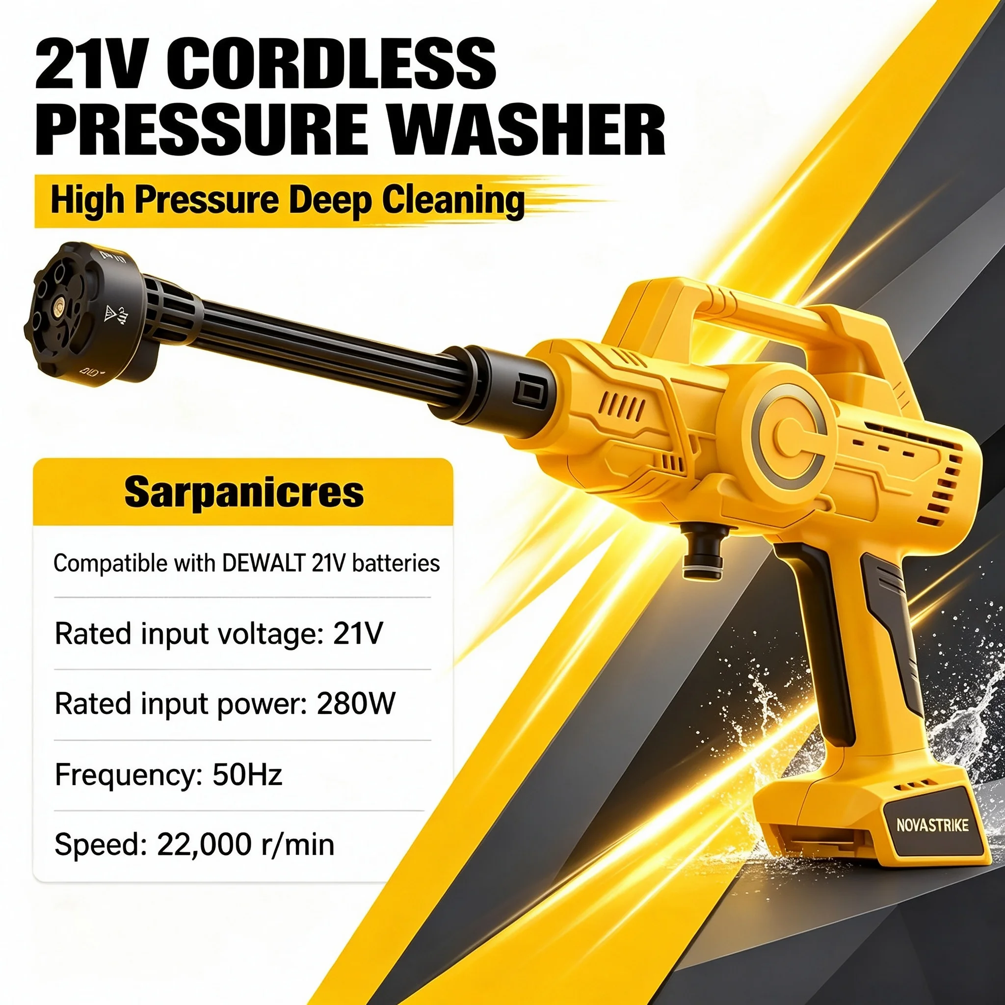 Tragbarer, kabelloser Hochdruckreiniger, handgeführter, elektrischer Strahlreiniger mit 6-in-1-Verstelldüse und Schaumstoffpistole für DEWALT 21V-Akku, Reinigungsgerät für Auto, Garten und Haushalt,
