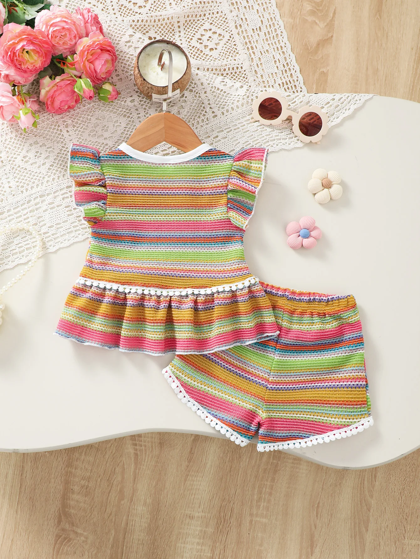 2-Piece Baby Girl's Short Sleeve Shorts Set Colorful Stripes Floral Print Fashionable Sweet Vacation Style Outfit